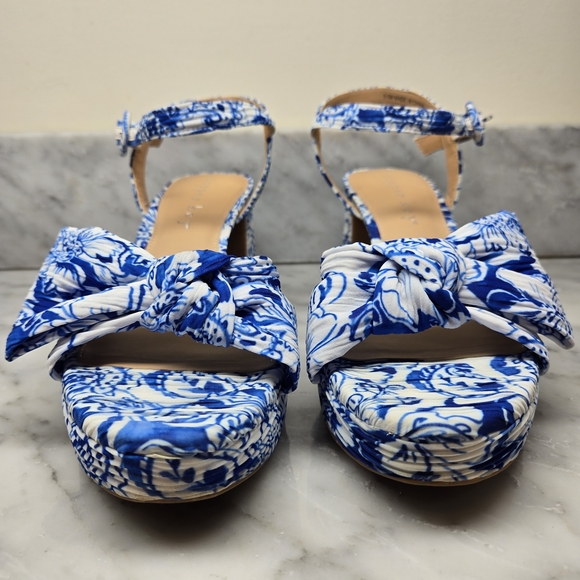 Copper Key Platform Heels Blue & White Chiffon, Size 9.5 M Adjustable Ankle, Bow - Picture 4 of 16
